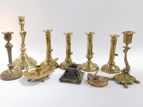 A group of French 19thC and later brass candlesticks