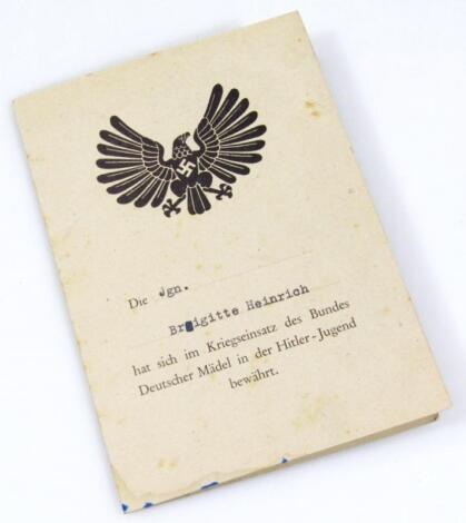 A Third Reich Deutscher Madel in Der Hitler Jugend attending card