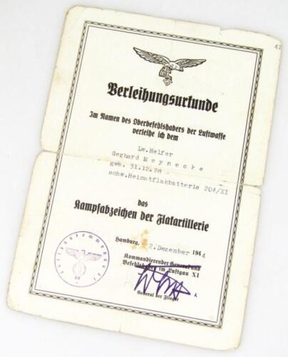 A Third Reich Luftwaffe certificate of award to L W Helfer Gerhard Meynecke