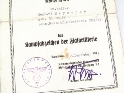 A Third Reich Luftwaffe certificate of award to L W Helfer Gerhard Meynecke - 3