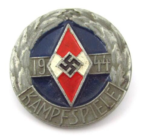 A Third Reich Hitler Jugend 1944 Kampfspiele 'silver' coloured badge