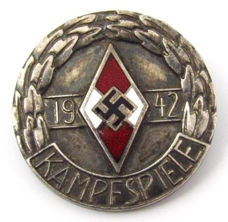A Third Reich Hitler Jugend 1942 Kampfspiele 'silver' coloured badge