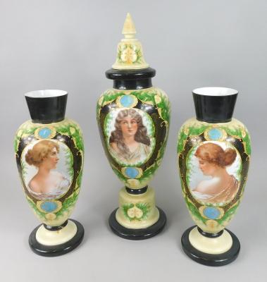 A late Victorian opaque glass garniture