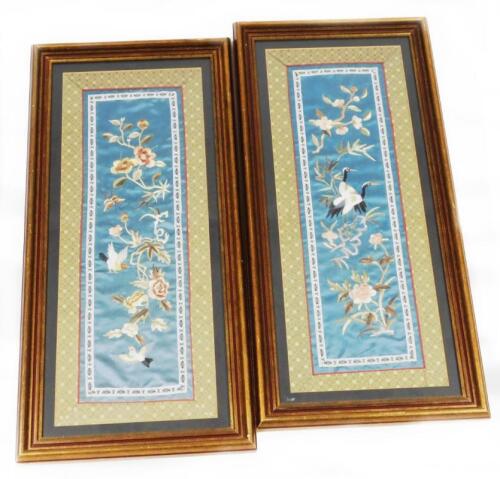 A pair of late 19thC Chinese silk embroidery panels