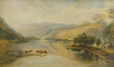 19thC British School. River landscape with cattle at water's edge