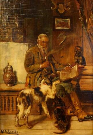 Adolf Eberle (1843-1914). Interior scene - gentleman with dogs