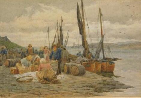 C W Adams (19thC). Figures unloading fishing boats at quayside