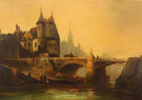 19thC Dutch School. City bridge with figures and boats