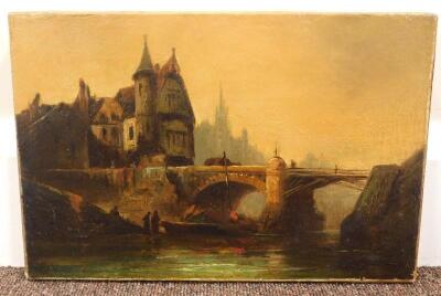 19thC Dutch School. City bridge with figures and boats - 2