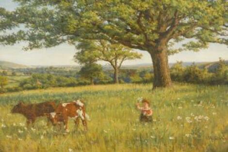 H Gibbs (19thC). Rural landscape with young child playing with flowers