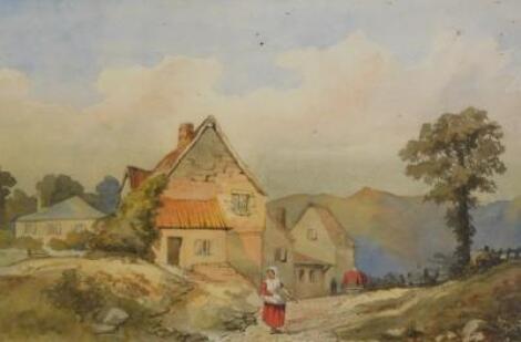 19thC School. Figure before cottage and tree on a summer's day