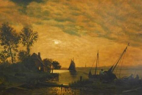 N. J. (19thC). Moonlit river scene with fishing boats