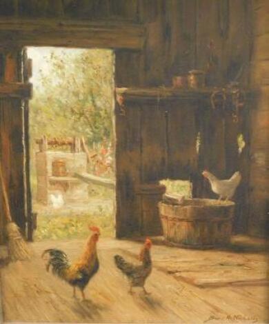 B Nicholls (19th/20thC). Farmyard scene with chickens