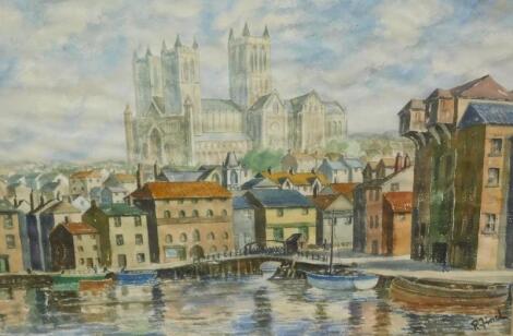 R Finch (20thC). Lincoln Cathedral from the Brayford