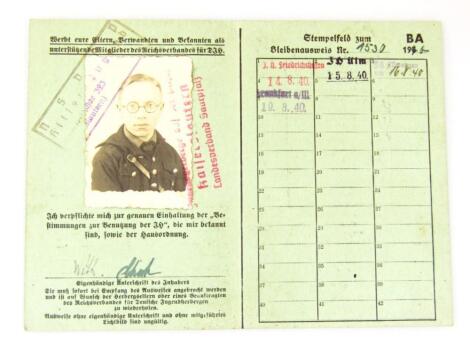 A Third Reich Bleiber Ausweis Fur Jugendlicher Youth Hostel pass with entries for 1940.