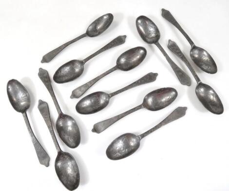 A set of twelve 17thC style pewter trefid rat tail spoons