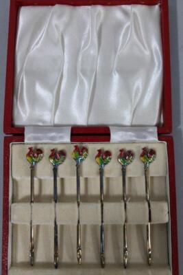 A cased set of six silver gilt and part enamel tooth picks - 2