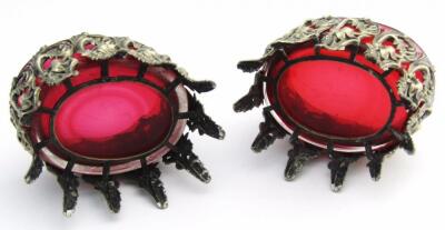 A pair of pierced cranberry glass open salts - 2