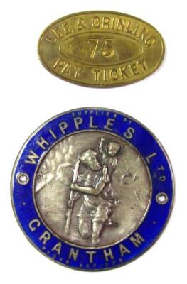 A Whipples Limited Grantham partial and enamel St Christopher badge