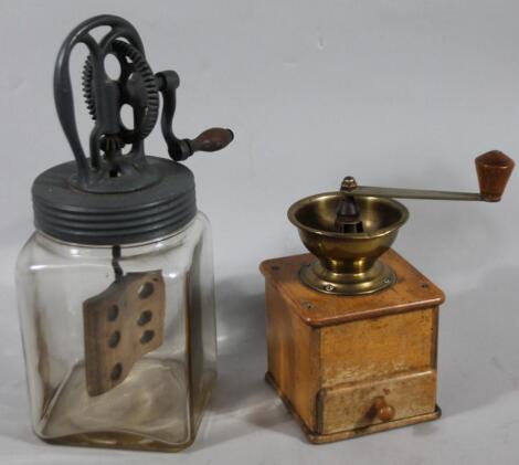 A 20thC oak and brass Hachaux coffee grinder