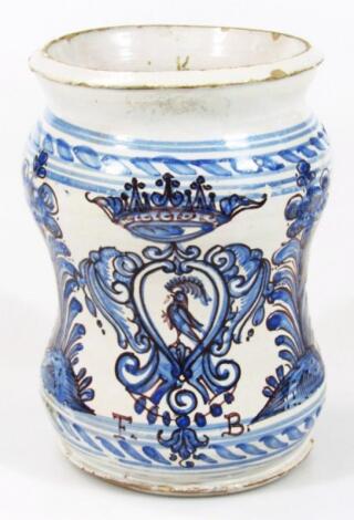 A tin glazed earthenware Albarello dry drug jar