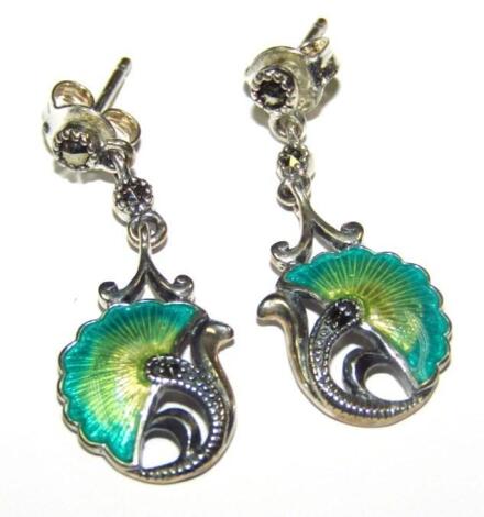 A pair of silver and enamel drop earrings