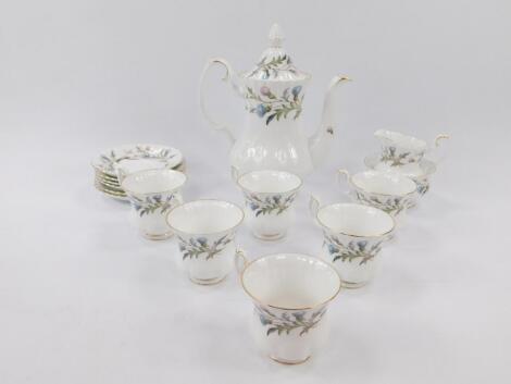 A Royal Albert porcelain part coffee service decorated in The Brigadoon pattern