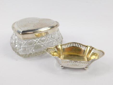 An Edward VII heart shaped cut glass dressing table box