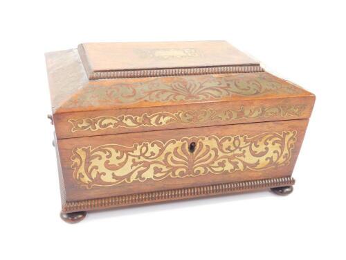 A Regency rosewood and brass inlaid work box