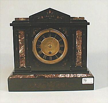 An Edwardian polished slate and marble inset architectural mantel clock