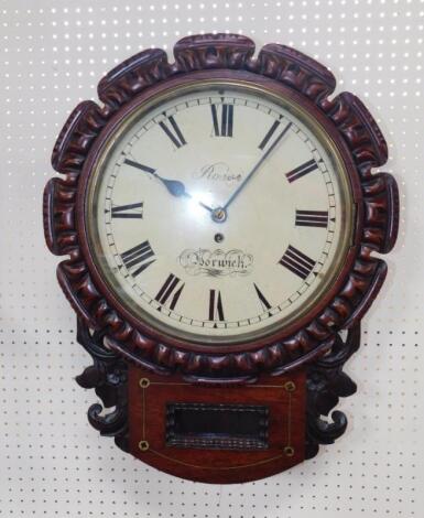 An early Victorian mahogany and brass inlaid drop dial wall clock