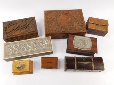 An Indian wooden box carved with birds and a serpent