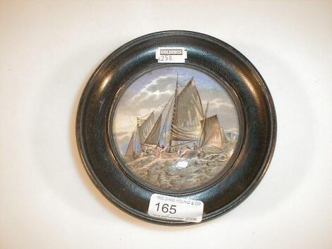 A Victorian Prattware pot lid depicting sailing boats casting fishing nets