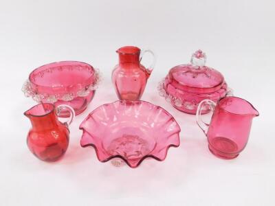 A Victorian cranberry glass bowl and cover