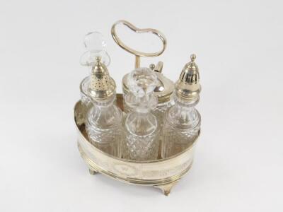 A George III silver and cut glass five bottle cruet on stand - 2