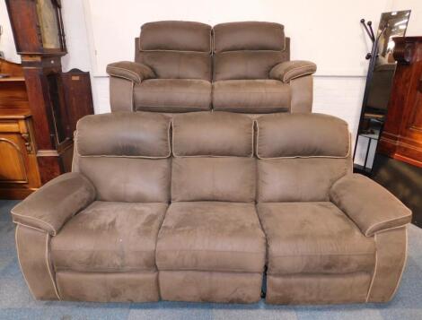 A brown suede three seater recliner sofa