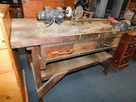 A pine workbench with a fitted watchmakers lathe. with electric generator