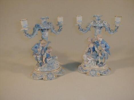 A pair of Continental porcelain figural candelabra