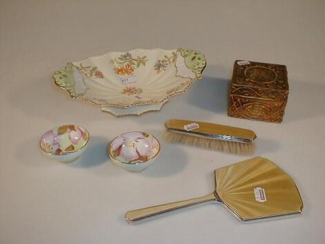 An Aynsley china oval cake stand with floral decoration and two small Paragon