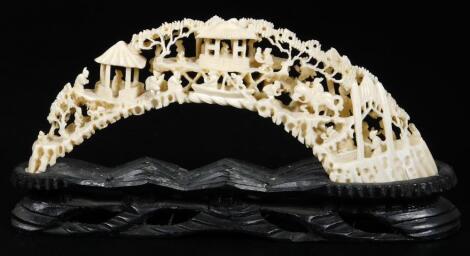 A mid 19thC Canton worked Chinese ivory tusk bridge scene