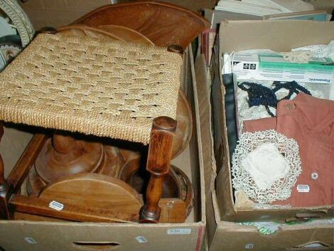 A string top stool, various treen, books and crochet tray cloths etc