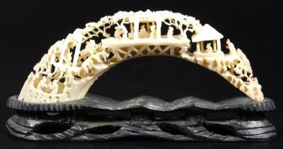 A mid 19thC Canton worked Chinese ivory tusk bridge scene - 6