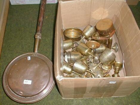 A copper warming pan, various metal ware and two pictures