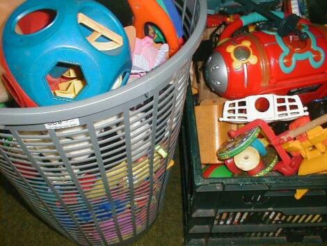 Various toys, two crates