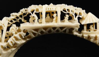 A mid 19thC Canton worked Chinese ivory tusk bridge scene - 8