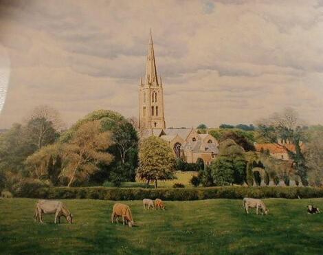 After Malcolm Doughty. St Wulframs across the meadows