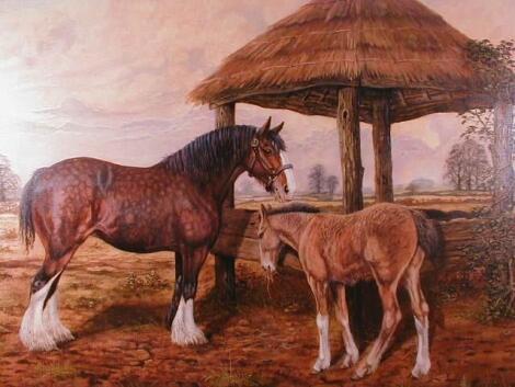 P C Hutchinson - A study of a mare and foal in a rural landscape - oil painting on canvas