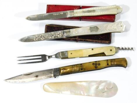 A Victorian silver mother of pearl handled large fruit knife