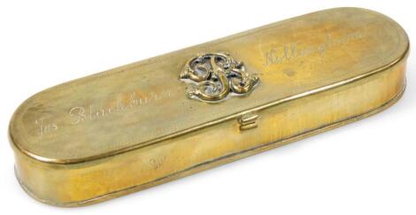 A 19thC brass tobacco or spectacles box