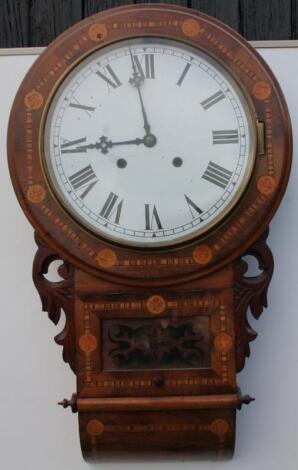 A late 19thC American walnut and parquetry drop dial wall clock